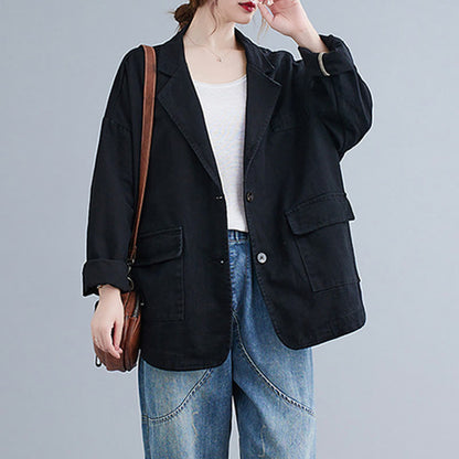Buddha Stones Solid Color Women's Long Sleeve Cotton Blazer Jacket With Pockets