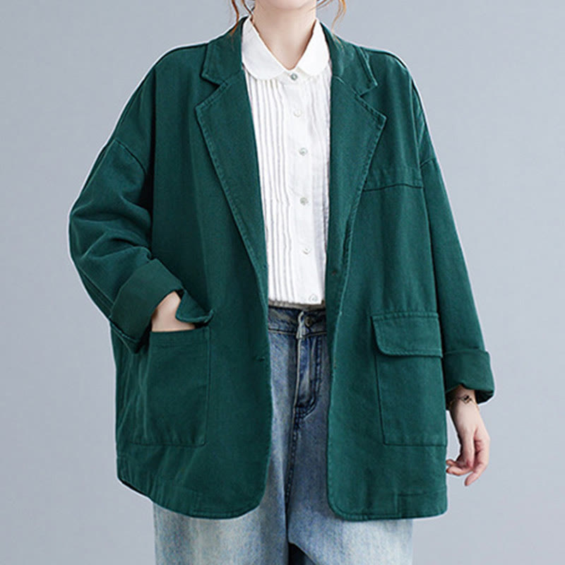 Buddha Stones Solid Color Women's Long Sleeve Cotton Blazer Jacket With Pockets
