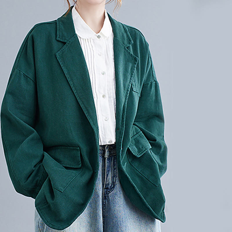 Buddha Stones Solid Color Women's Long Sleeve Cotton Blazer Jacket With Pockets