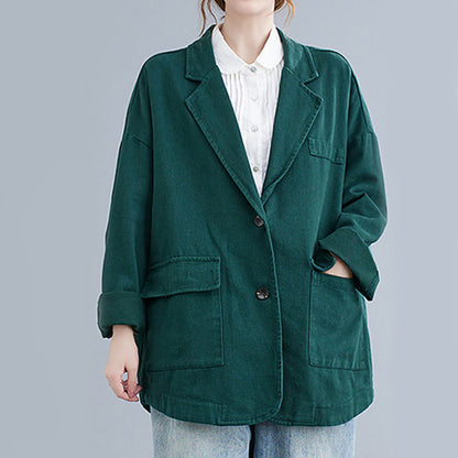 Buddha Stones Solid Color Women's Long Sleeve Cotton Blazer Jacket With Pockets