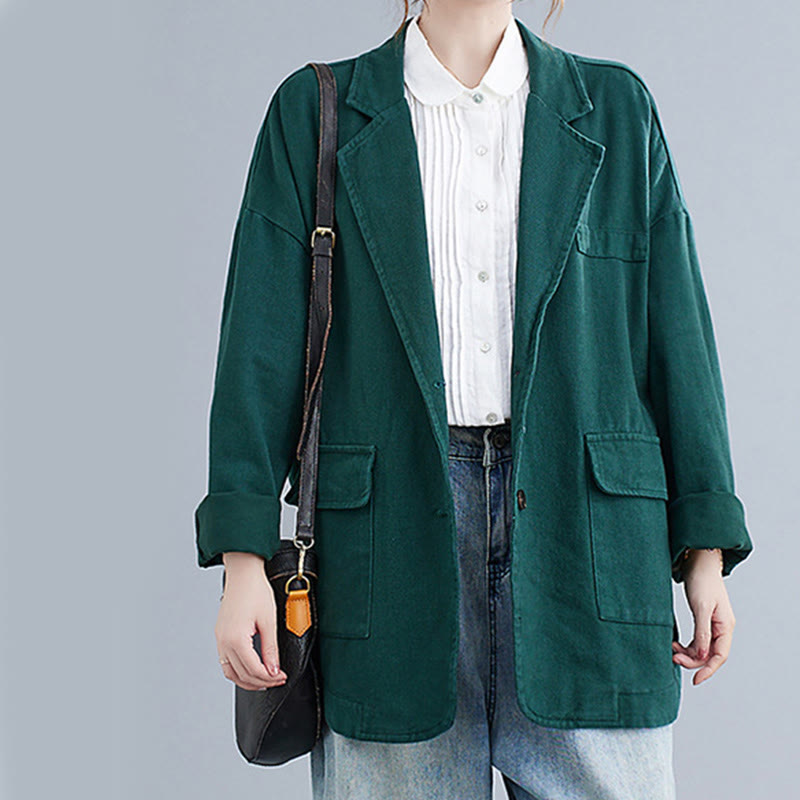 Buddha Stones Solid Color Women's Long Sleeve Cotton Blazer Jacket With Pockets