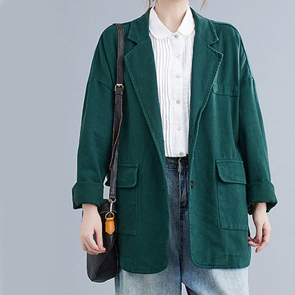 Buddha Stones Solid Color Women's Long Sleeve Cotton Blazer Jacket With Pockets