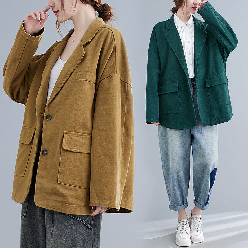 Buddha Stones Solid Color Women's Long Sleeve Cotton Blazer Jacket With Pockets