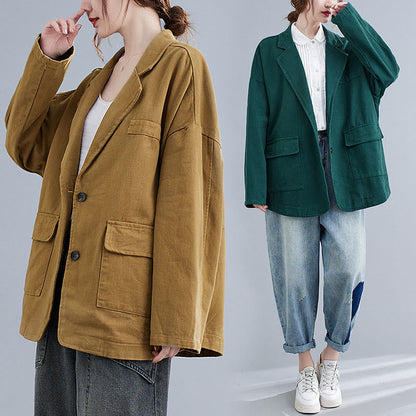 Buddha Stones Solid Color Women's Long Sleeve Cotton Blazer Jacket With Pockets