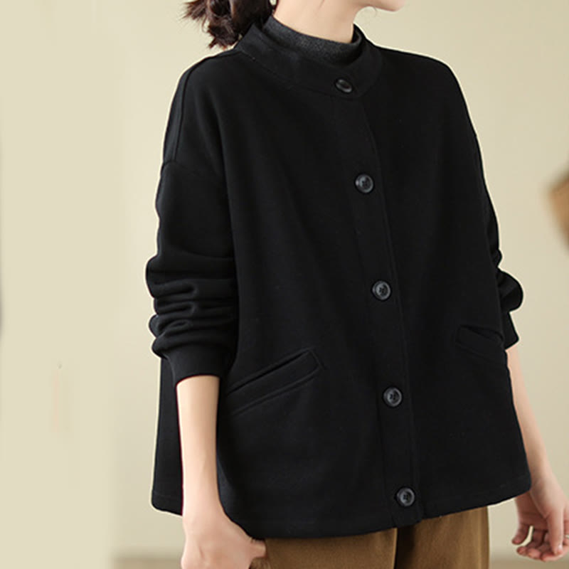 Buddha Stones Solid Color Women's Cotton Long Sleeve Jacket With Pockets