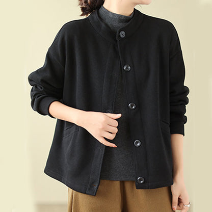 Buddha Stones Solid Color Women's Cotton Long Sleeve Jacket With Pockets