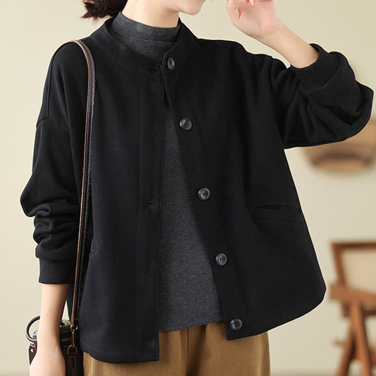 Buddha Stones Solid Color Women's Cotton Long Sleeve Jacket With Pockets
