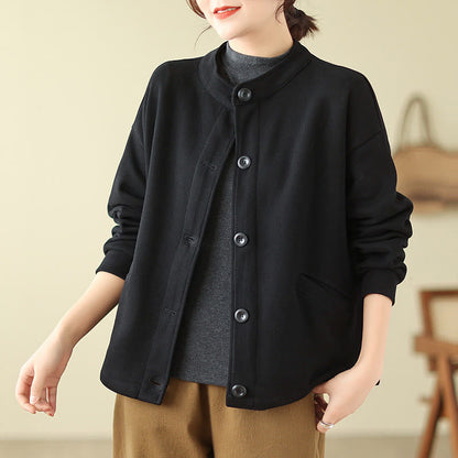 Buddha Stones Solid Color Women's Cotton Long Sleeve Jacket With Pockets