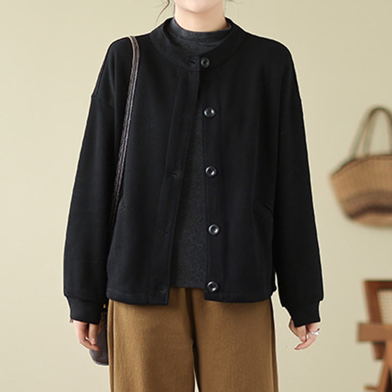 Buddha Stones Solid Color Women's Cotton Long Sleeve Jacket With Pockets