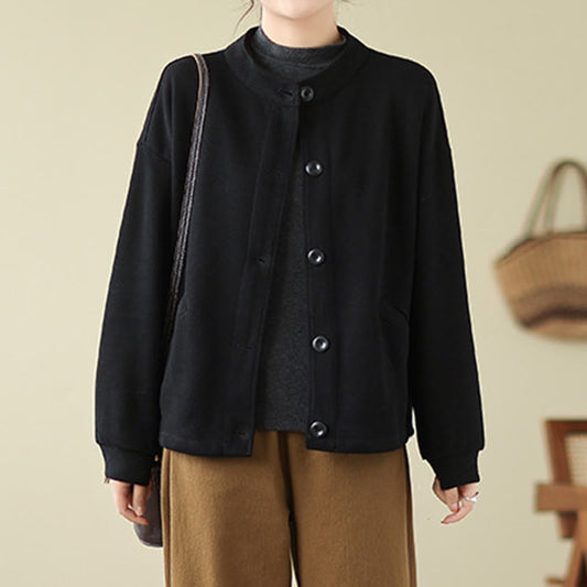 Buddha Stones Solid Color Women's Cotton Long Sleeve Jacket With Pockets