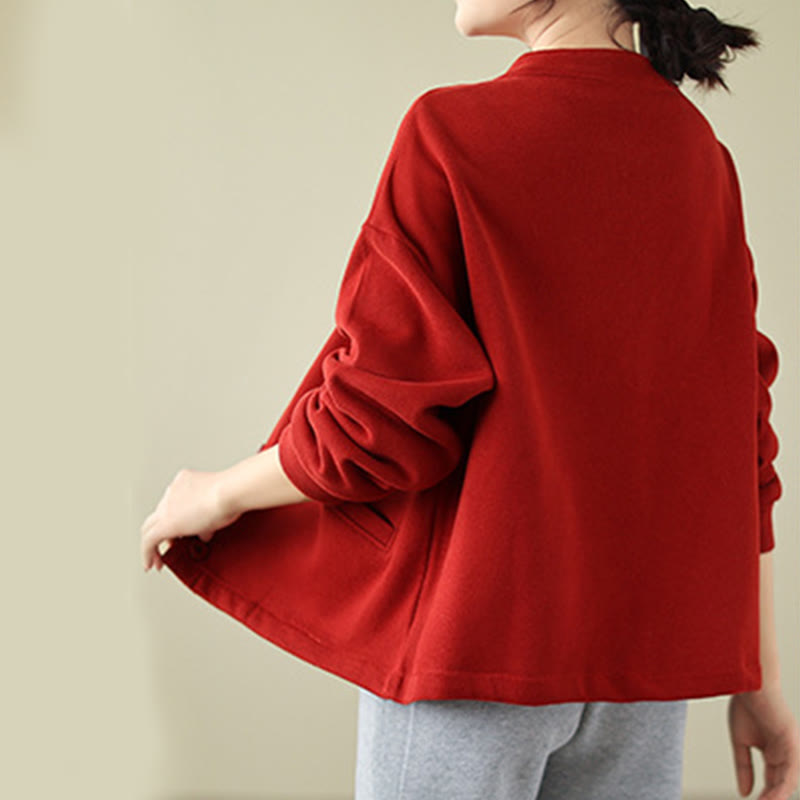 Buddha Stones Solid Color Women's Cotton Long Sleeve Jacket With Pockets