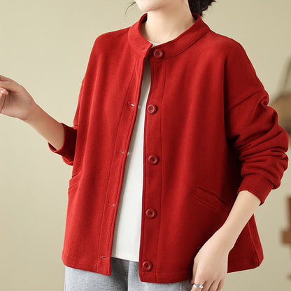 Buddha Stones Solid Color Women's Cotton Long Sleeve Jacket With Pockets
