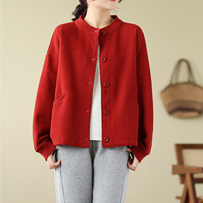 Buddha Stones Solid Color Women's Cotton Long Sleeve Jacket With Pockets