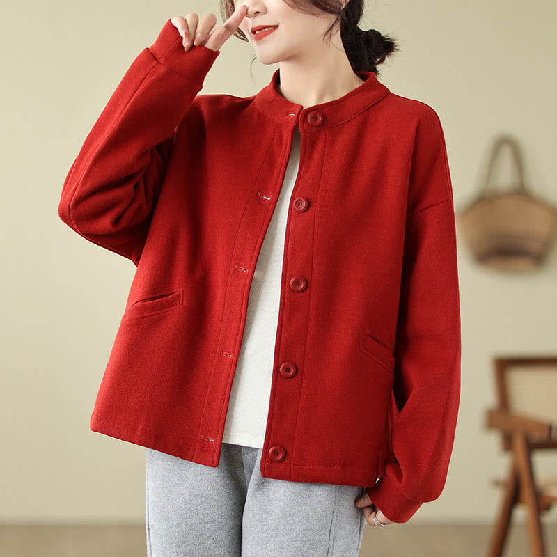 Buddha Stones Solid Color Women's Cotton Long Sleeve Jacket With Pockets