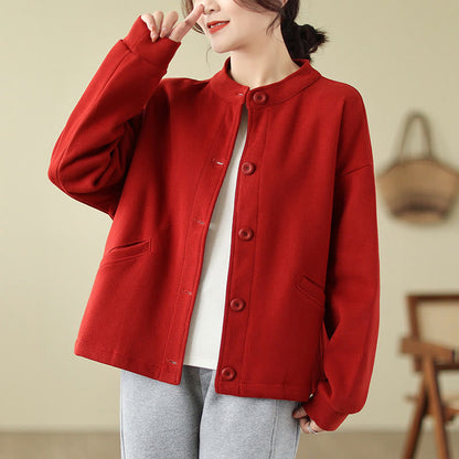Buddha Stones Solid Color Women's Cotton Long Sleeve Jacket With Pockets
