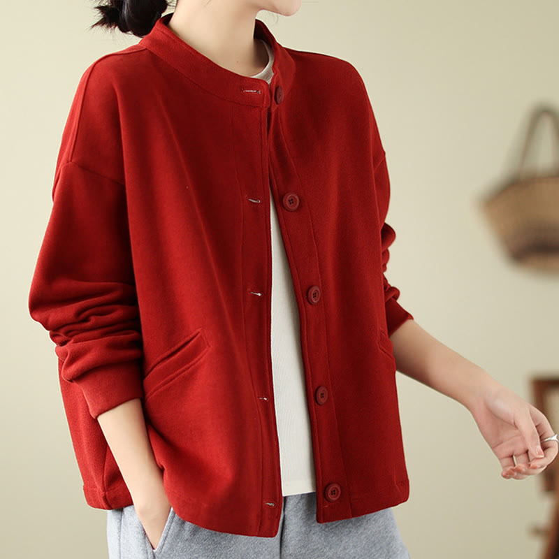 Buddha Stones Solid Color Women's Cotton Long Sleeve Jacket With Pockets