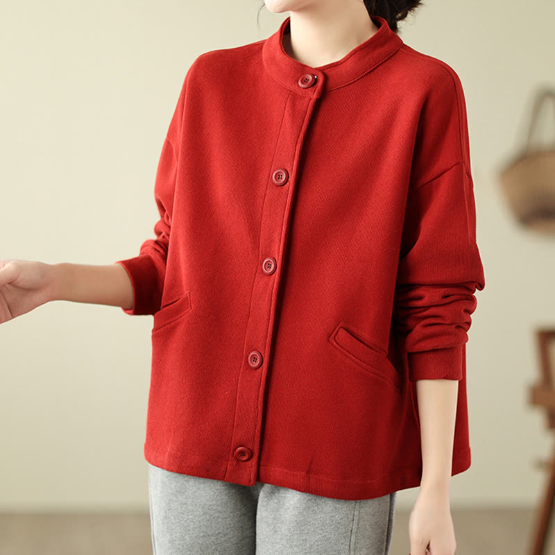 Buddha Stones Solid Color Women's Cotton Long Sleeve Jacket With Pockets