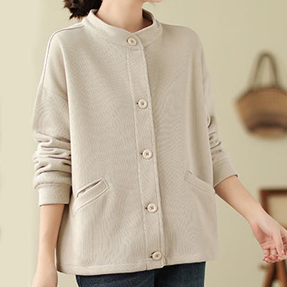 Buddha Stones Solid Color Women's Cotton Long Sleeve Jacket With Pockets