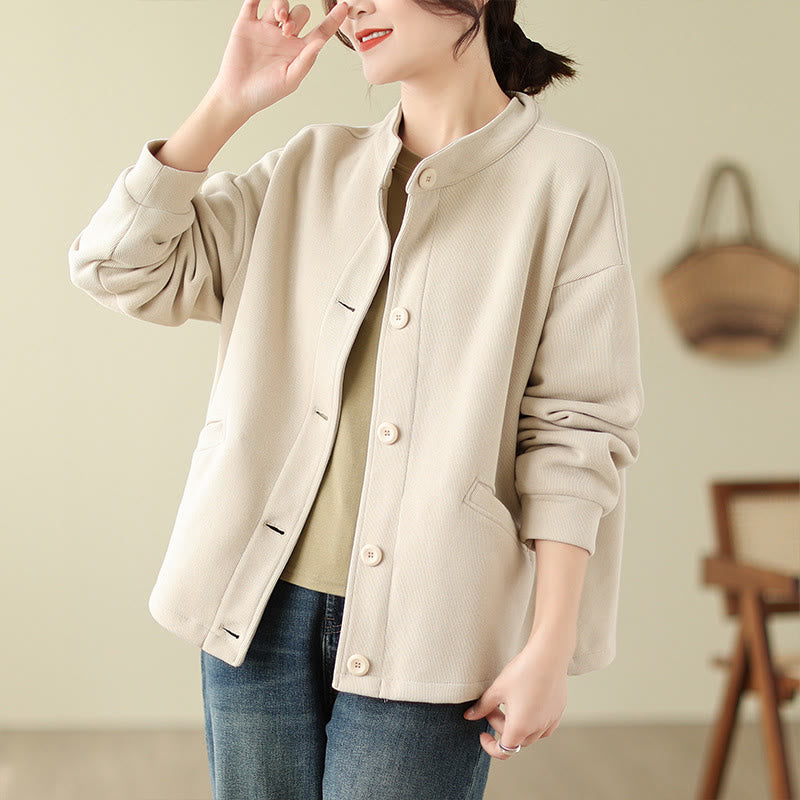 Buddha Stones Solid Color Women's Cotton Long Sleeve Jacket With Pockets