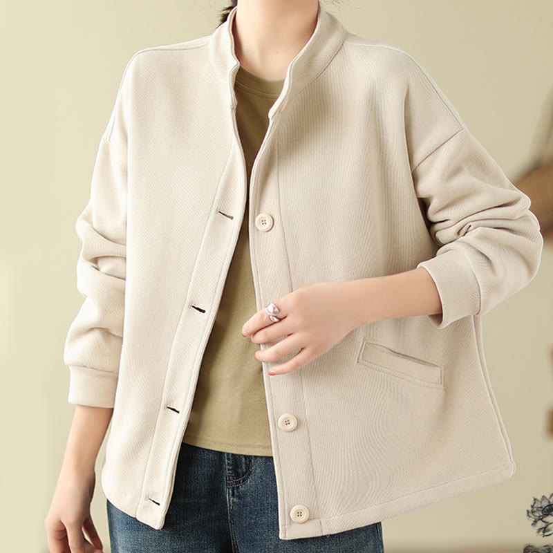 Buddha Stones Solid Color Women's Cotton Long Sleeve Jacket With Pockets