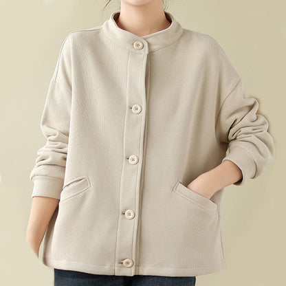 Buddha Stones Solid Color Women's Cotton Long Sleeve Jacket With Pockets