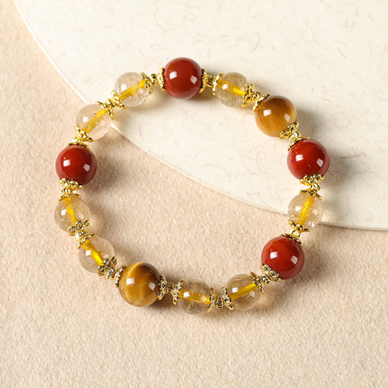 Buddha Stones Natural Golden Rutilated Quartz Tiger Eye Beads Wealth Bracelet