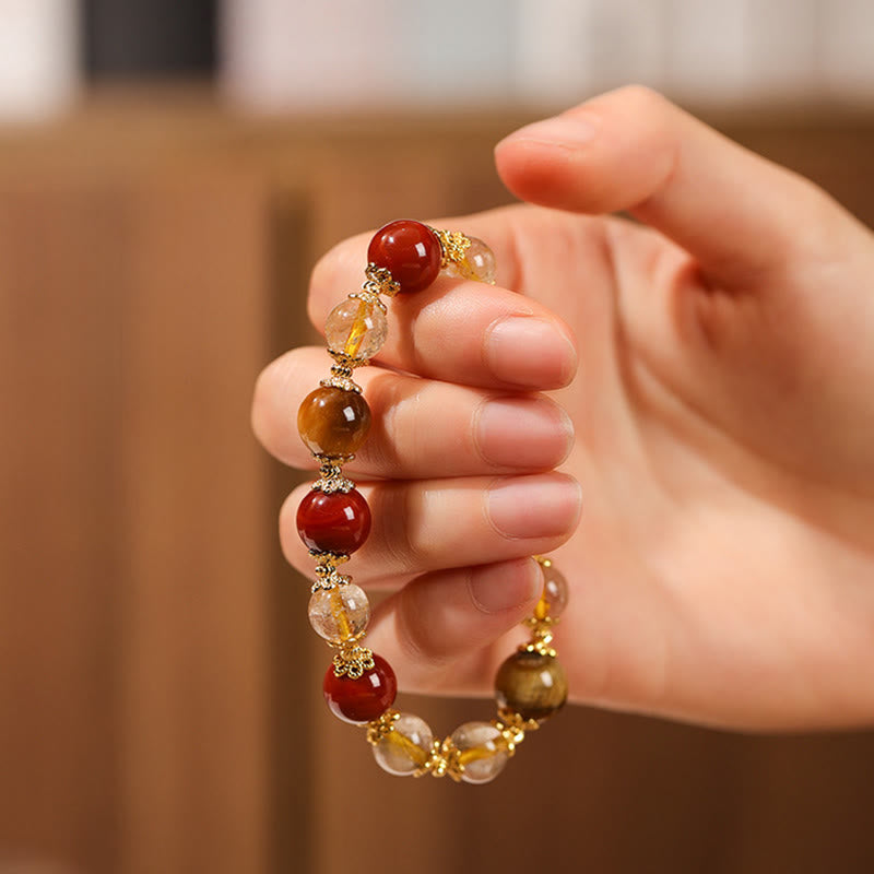 Buddha Stones Natural Golden Rutilated Quartz Tiger Eye Beads Wealth Bracelet