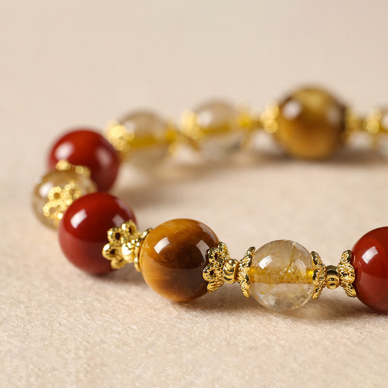 Buddha Stones Natural Golden Rutilated Quartz Tiger Eye Beads Wealth Bracelet