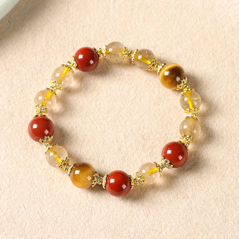 Buddha Stones Natural Golden Rutilated Quartz Tiger Eye Beads Wealth Bracelet