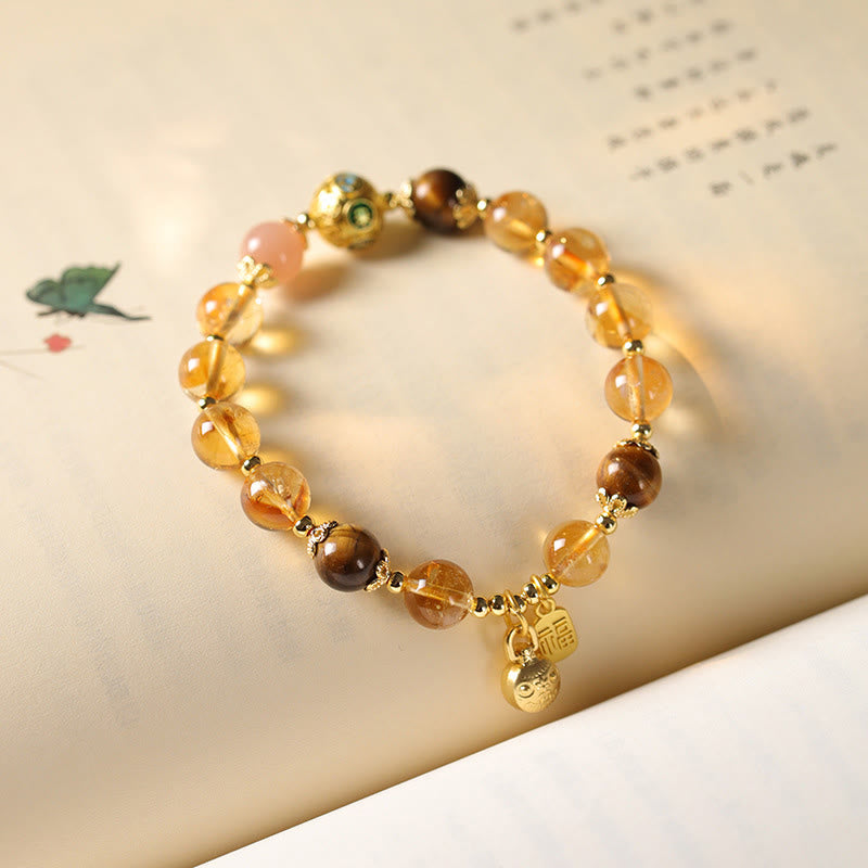 Buddha Stones Natural Citrine Fu Character Lucky Beast Prosperity Bracelet
