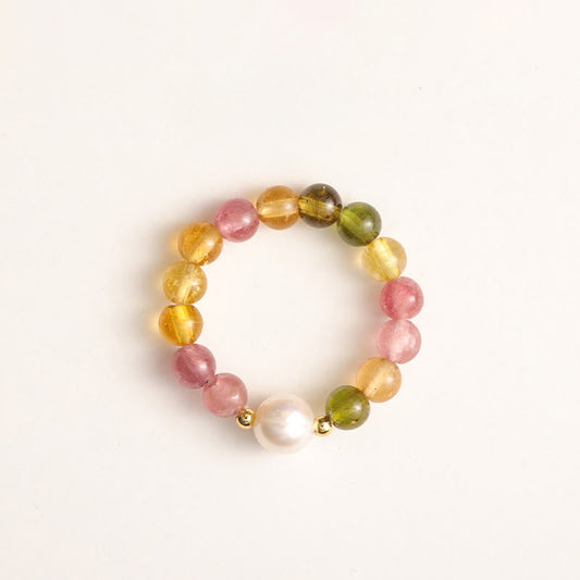 Buddha Stones Natural Tourmaline Lucky Pearl Pixiu Amber Positive Love Ring