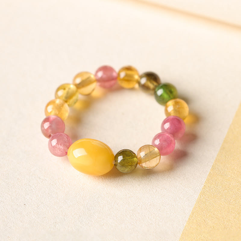 Buddha Stones Natural Tourmaline Lucky Pearl Pixiu Amber Positive Love Ring