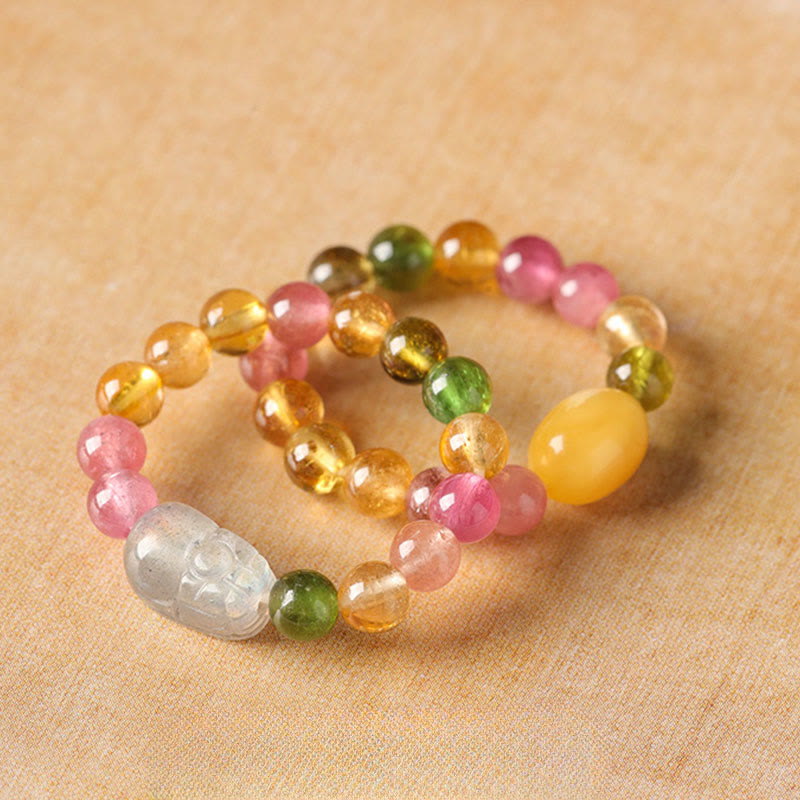 Buddha Stones Natural Tourmaline Lucky Pearl Pixiu Amber Positive Love Ring