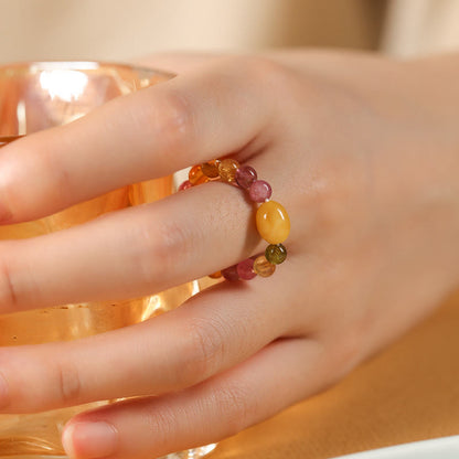 Buddha Stones Natural Tourmaline Lucky Pearl Pixiu Amber Positive Love Ring