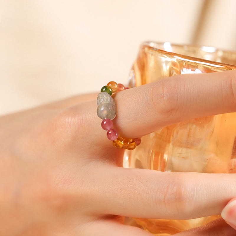 Buddha Stones Natural Tourmaline Lucky Pearl Pixiu Amber Positive Love Ring