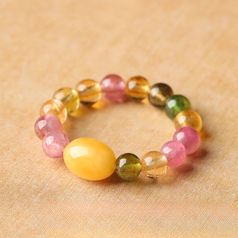 Buddha Stones Natural Tourmaline Lucky Pearl Pixiu Amber Positive Love Ring