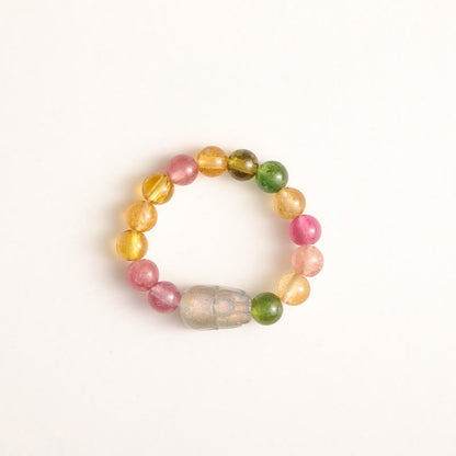 Buddha Stones Natural Tourmaline Lucky Pearl Pixiu Amber Positive Love Ring