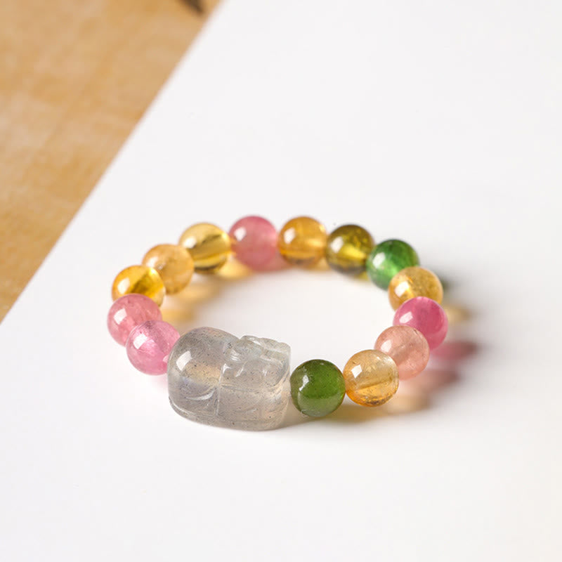 Buddha Stones Natural Tourmaline Lucky Pearl Pixiu Amber Positive Love Ring