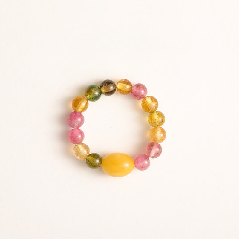 Buddha Stones Natural Tourmaline Lucky Pearl Pixiu Amber Positive Love Ring