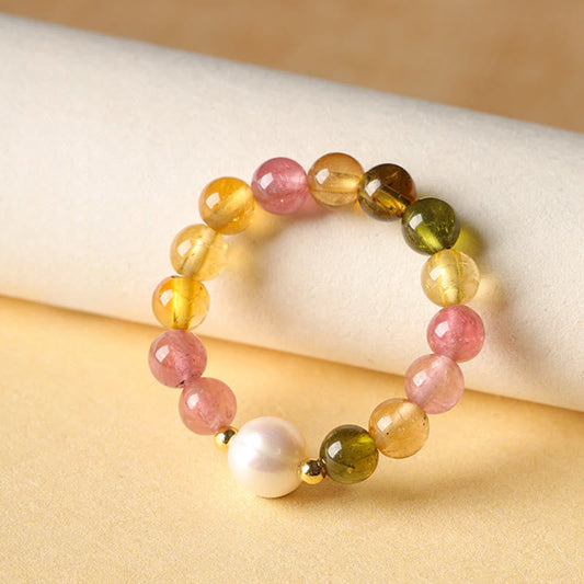 Buddha Stones Natural Tourmaline Lucky Pearl Pixiu Amber Positive Love Ring