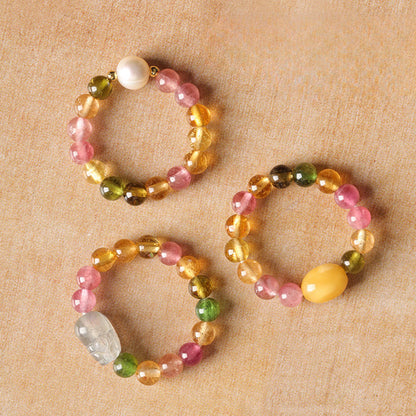 Buddha Stones Natural Tourmaline Lucky Pearl Pixiu Amber Positive Love Ring
