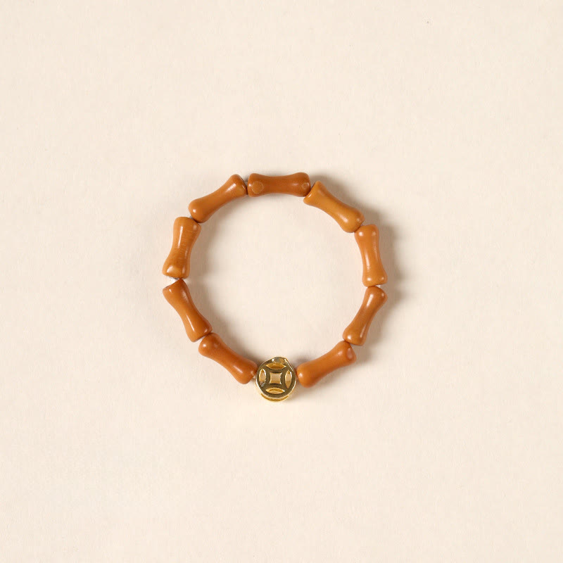 Buddha Stones Olive Pit Bead Copper Coin Inner Strength Ring