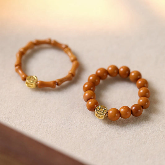 Buddha Stones Olive Pit Bead Copper Coin Inner Strength Ring