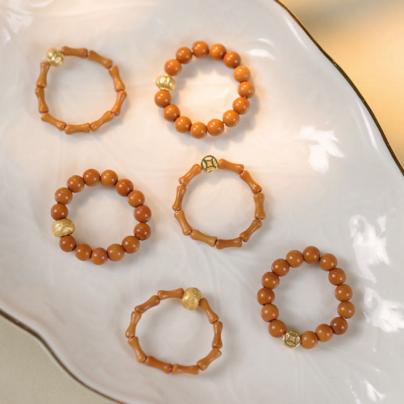 Buddha Stones Olive Pit Bead Copper Coin Inner Strength Ring