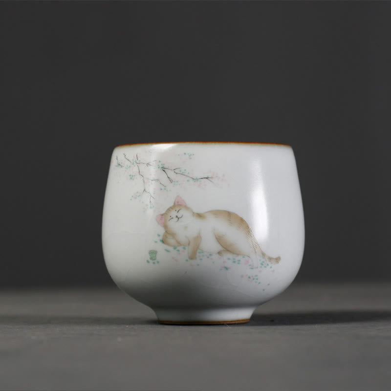 Buddha Stones Cute Cat Branches Teacup Kung Fu Tea Cup With Gift Box