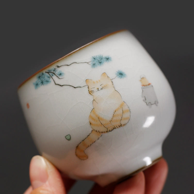 Buddha Stones Cute Cat Branches Teacup Kung Fu Tea Cup With Gift Box