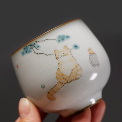 Buddha Stones Cute Cat Branches Teacup Kung Fu Tea Cup With Gift Box