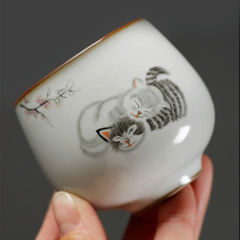 Buddha Stones Cute Cat Branches Teacup Kung Fu Tea Cup With Gift Box