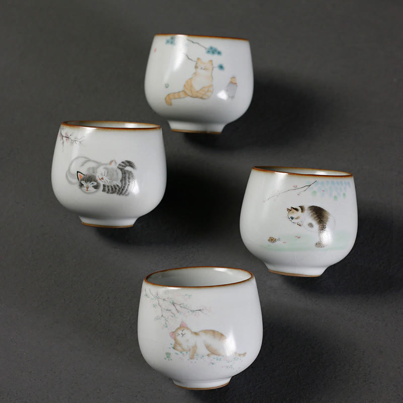 Buddha Stones Cute Cat Branches Teacup Kung Fu Tea Cup With Gift Box