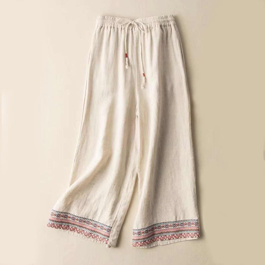 Buddha Stones Plain Bohemian Stripes Women's Wide Leg Cotton Pants With Pockets